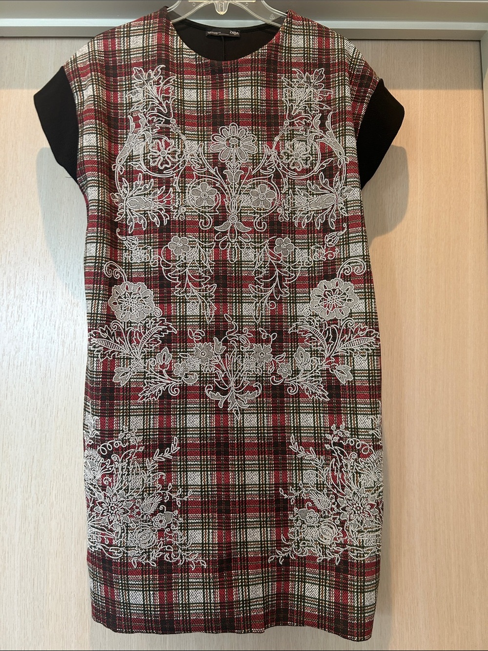 NWOT- Zara Red Plaid Dress with White Floral Embroidery